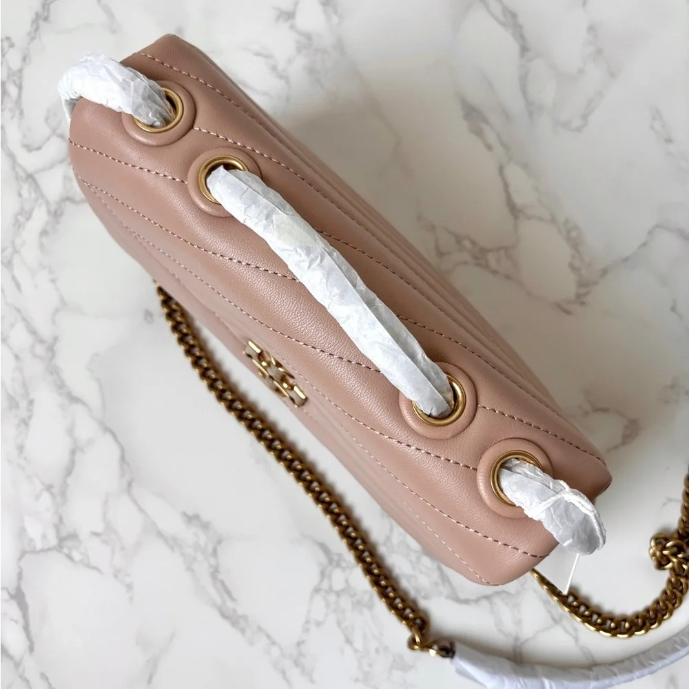 New Tory Burch Kira Chevron Small Leather Shoulder Bag Beige Neutral